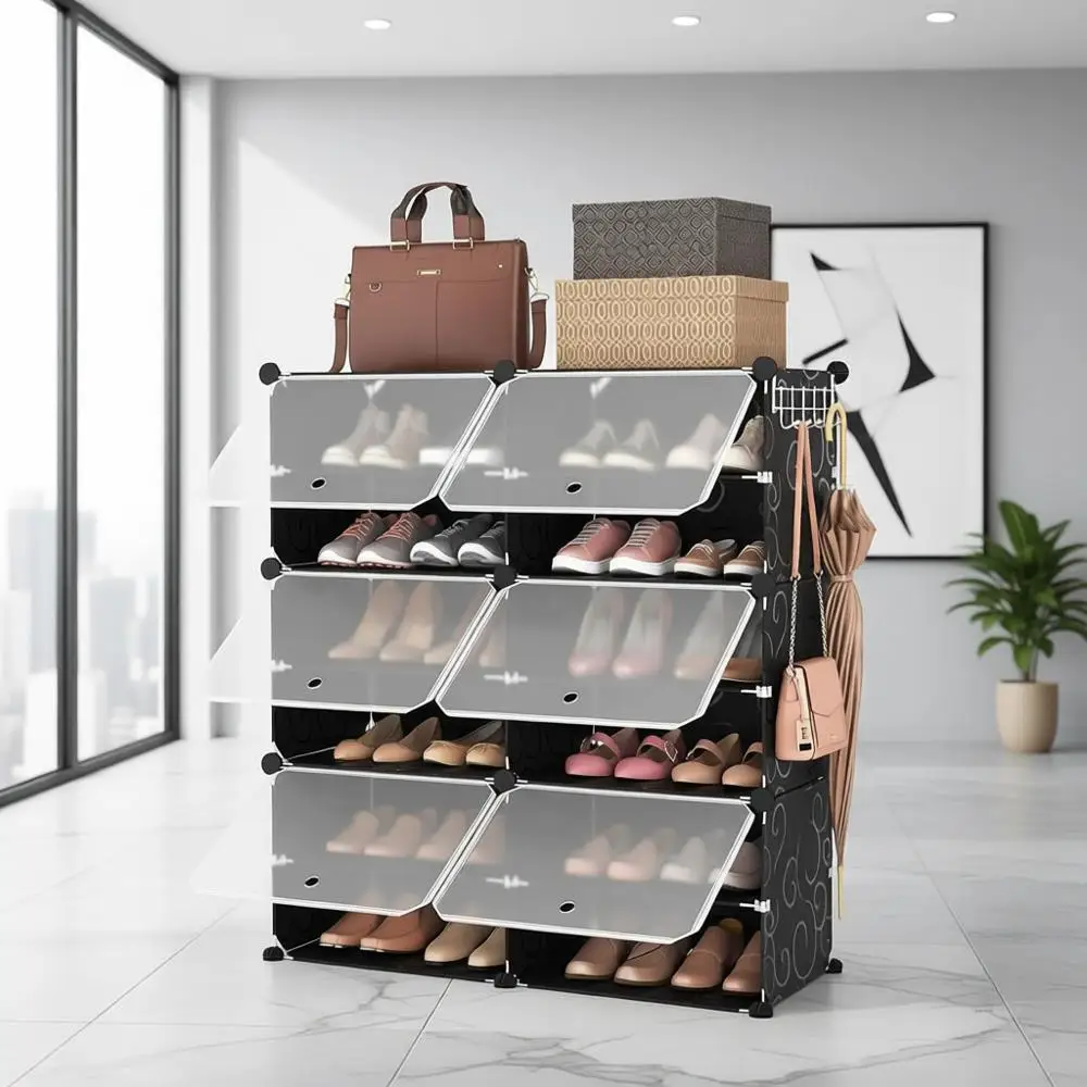 6-Tier 24-Pair Shoe Rack Organizer with Hooks, Black
6-Tier 24-Pair Shoe Rack Organizer with Hooks, Black