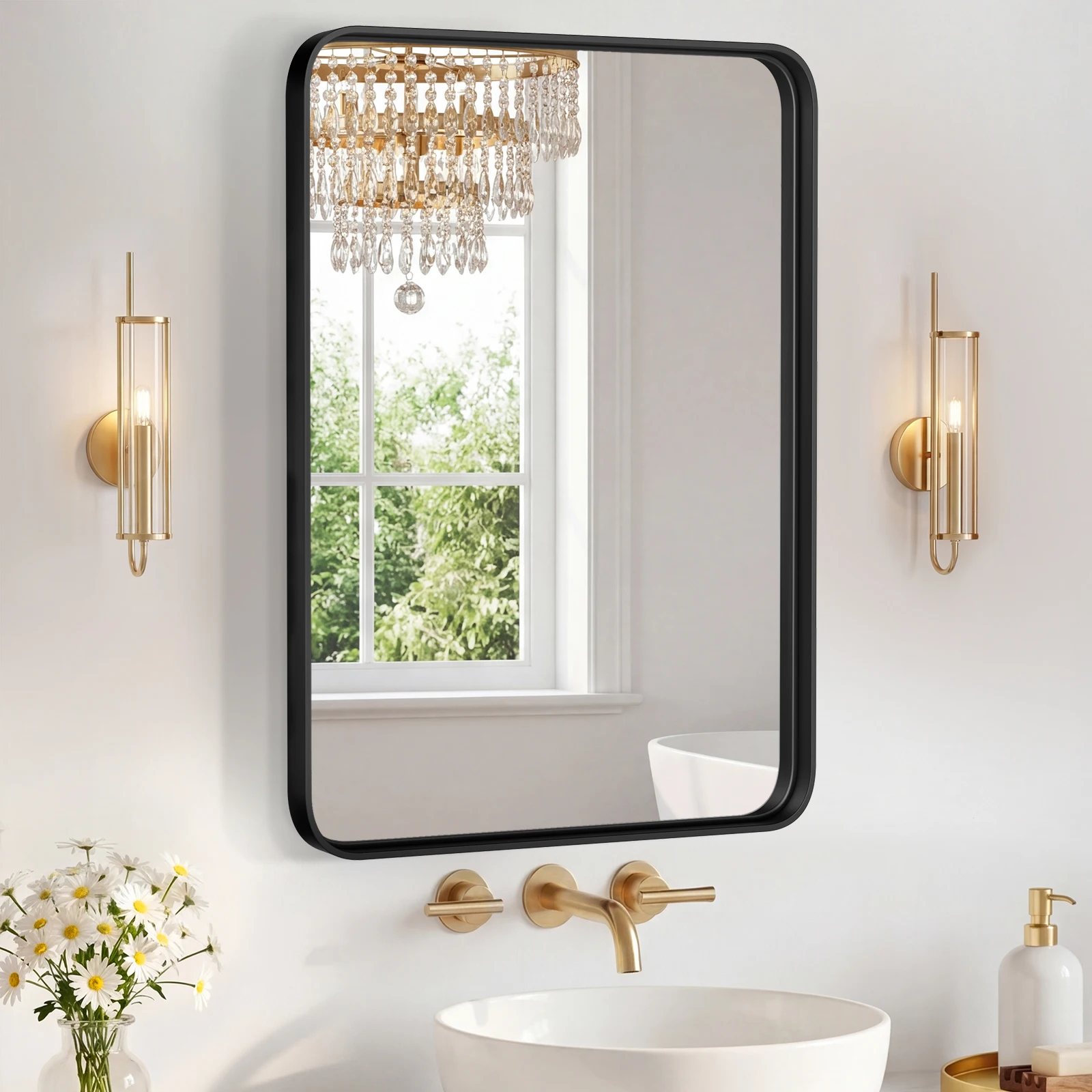 Bathroom Mirror 21.65X29.53 Inch Black Metal Frame Rectangle Vanity Mirror with Rounded Corners, Modern Wall Mounted Anti-Rust Mirror for Farmhouse, Restroom, Entryway, Horizontal or Vertical Hanging
Bathroom Mirror 21.65X29.53 Inch Black Metal Frame Rectangle Vanity Mirror with Rounded Corners, Modern Wall Mounted Anti-Rust Mirror for Farmhouse, Restroom, Entryway, Horizontal or Vertical Hanging
