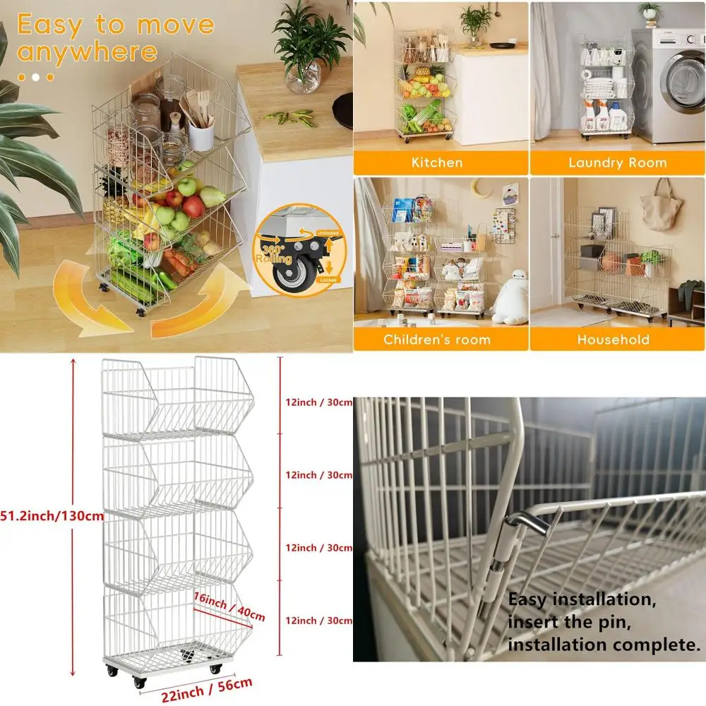 4-Tier Metal Shelving Unit with Removable Wire Baskets, Rolling Storage for Shoes, Clothing, and Kitchen Essentials
4-Tier Metal Shelving Unit with Removable Wire Baskets, Rolling Storage for Shoes, Clothing, and Kitchen Essentials