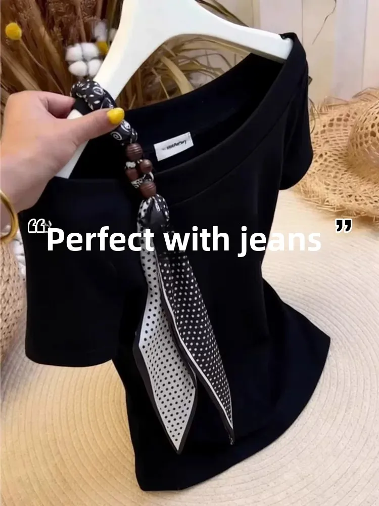 Retro American Black Slim Fit Short Sleeve T-Shirt Women Summer Outdoor Indoor Hot Girl Oblique Shoulder Silk Scarf Halter Top
Retro American Black Slim Fit Short Sleeve T-Shirt Women Summer Outdoor Indoor Hot Girl Oblique Shoulder Silk Scarf Halter Top