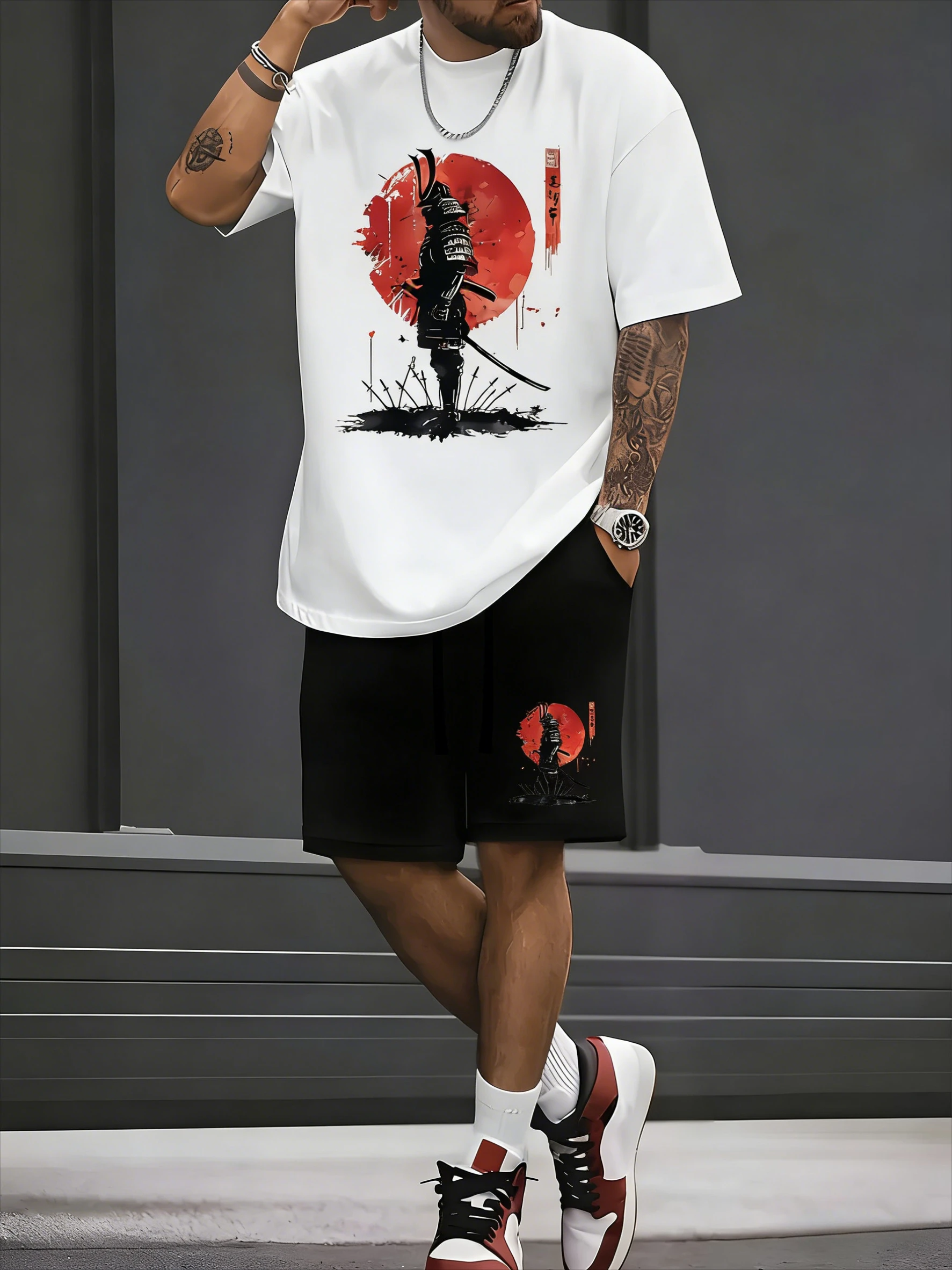 Men's Samurai Print Tracksuit Short Sleeve T-Shirt & Drawstring Shorts Set Polyester Breathable Soft Summer Outdoor Sports Suit
Men's Samurai Print Tracksuit Short Sleeve T-Shirt & Drawstring Shorts Set Polyester Breathable Soft Summer Outdoor Sports Suit