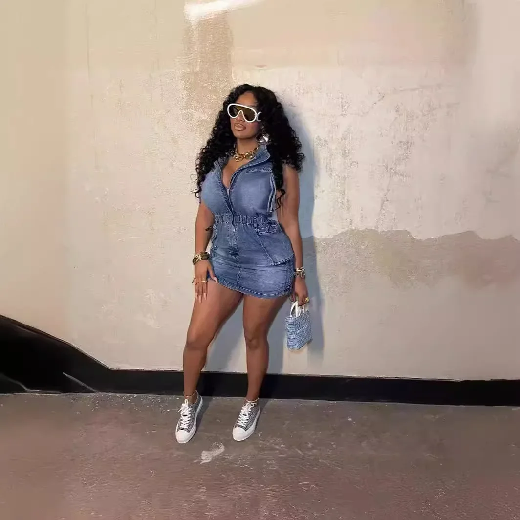 2024 Spring Summer Streetwear Fashion Denim Pocket Dresses Women Zipper Sleeveless Drawstring Elastic Waist Slim Vestidos Dress
2024 Spring Summer Streetwear Fashion Denim Pocket Dresses Women Zipper Sleeveless Drawstring Elastic Waist Slim Vestidos Dress