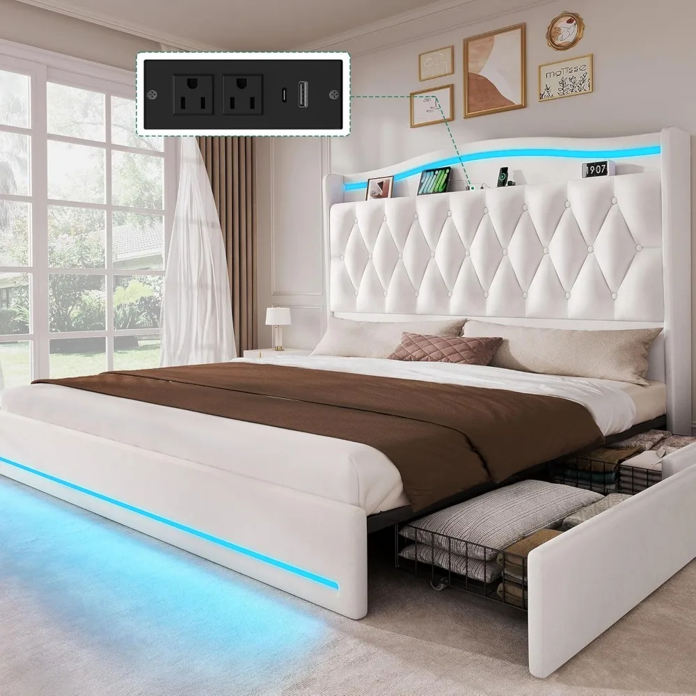 King Size Bed Frame with 4 Storage Drawers and RGB LED Lights, 57'' Tall Headboard Velvet Upholstered Bed with Charging 
King Size Bed Frame with 4 Storage Drawers and RGB LED Lights, 57'' Tall Headboard Velvet Upholstered Bed with Charging