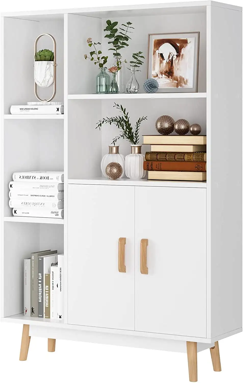 5 Cube Bookcase with Door, Open Shelves Free Standing Storage Cabinet with Solid Legs, White Finish
5 Cube Bookcase with Door, Open Shelves Free Standing Storage Cabinet with Solid Legs, White Finish