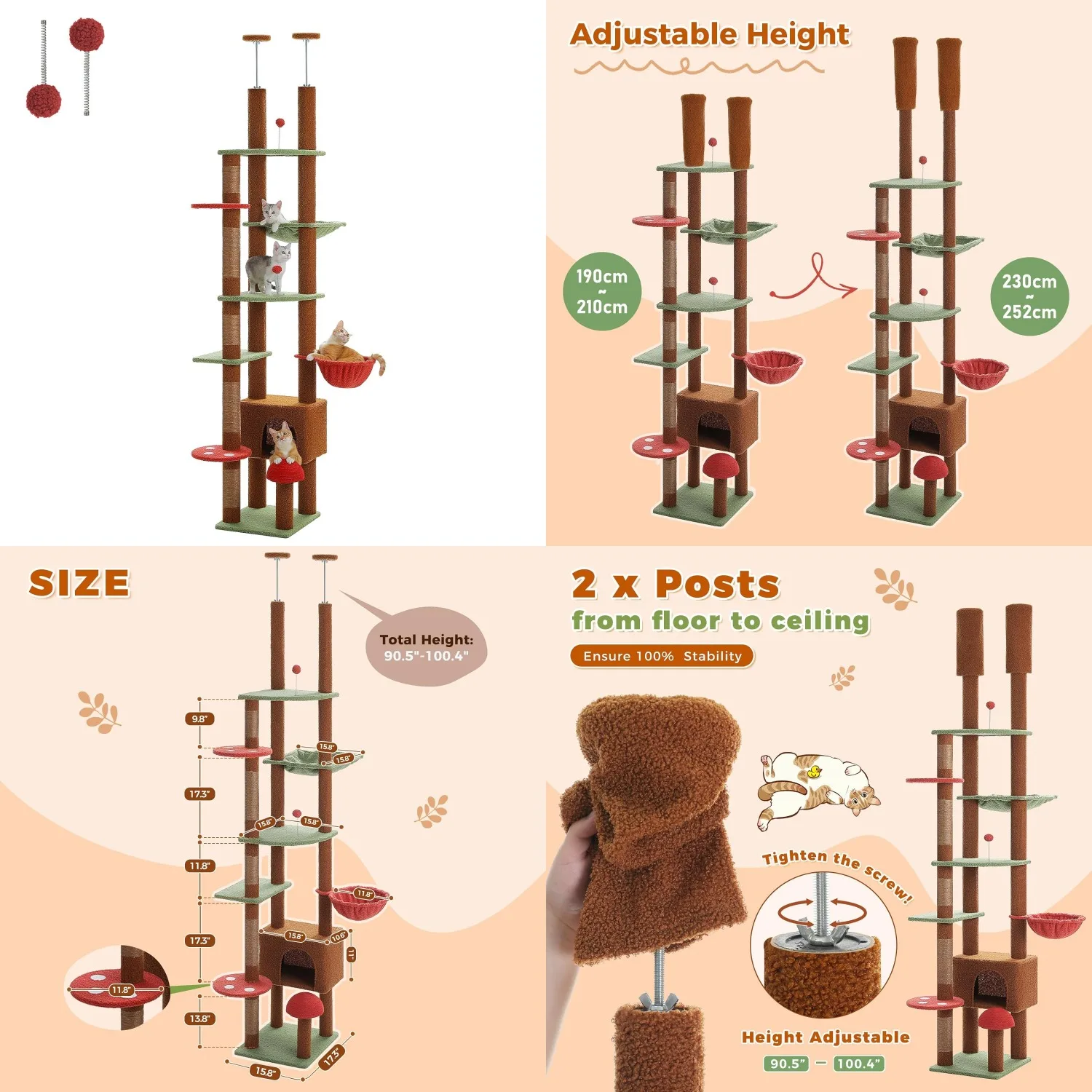 Floor to Ceiling Cat Tree, Adjustable 90.5''-100.4'' Cat Tower Mushroom Climbing Tree with Scratching Posts,, Customized
Floor to Ceiling Cat Tree, Adjustable 90.5''-100.4'' Cat Tower Mushroom Climbing Tree with Scratching Posts,, Customized