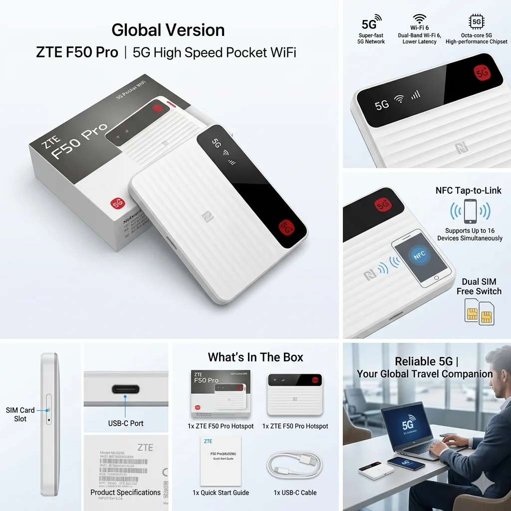 ZTE F50 Pro 5G Pocket WiFi Global Version | Portable Hotspot | Dual-Band Wi-Fi 6 | Octa-core CPU | Dual Nano-SIM Free Switch
ZTE F50 Pro 5G Pocket WiFi Global Version | Portable Hotspot | Dual-Band Wi-Fi 6 | Octa-core CPU | Dual Nano-SIM Free Switch