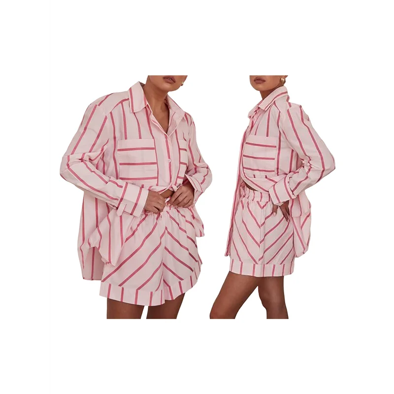CGS-Womens Striped 2 Piece Outfits Button Down Shirts And Shorts Lounge Matching Sets
CGS-Womens Striped 2 Piece Outfits Button Down Shirts And Shorts Lounge Matching Sets