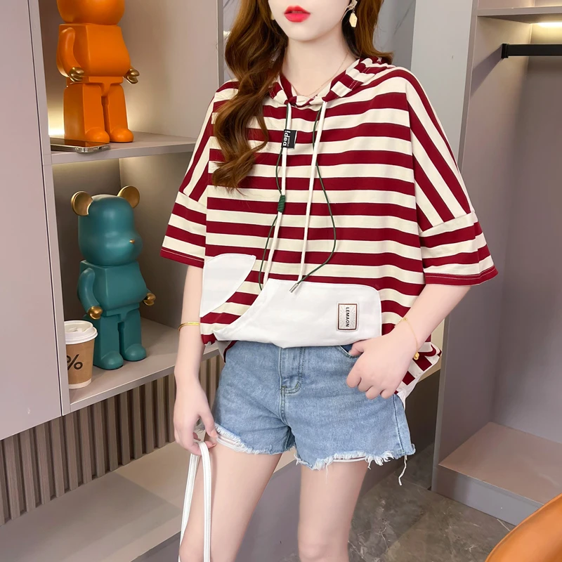 2024 Summer New Cotton Stripe Loose Casual Short Sleeved Korean Fashion Women's Versatile Hooded T-shirt
2024 Summer New Cotton Stripe Loose Casual Short Sleeved Korean Fashion Women's Versatile Hooded T-shirt