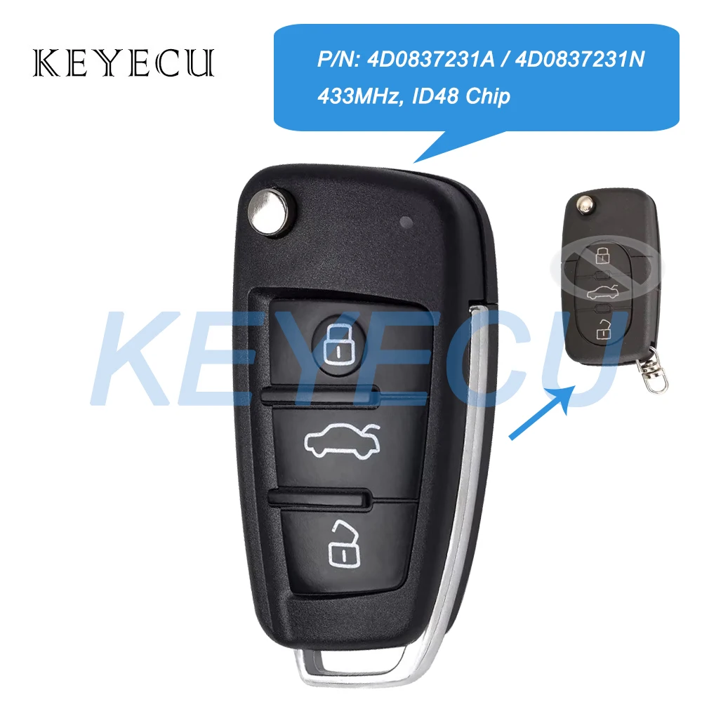 Keyecu Upgraded Flip Remote Car Key Fob 433MHz ID48 Chip for Audi TT RS4 A3 A4 A6 A8 Quattro P/N: 4D0837231A / 4D0837231N
Keyecu Upgraded Flip Remote Car Key Fob 433MHz ID48 Chip for Audi TT RS4 A3 A4 A6 A8 Quattro P/N: 4D0837231A / 4D0837231N