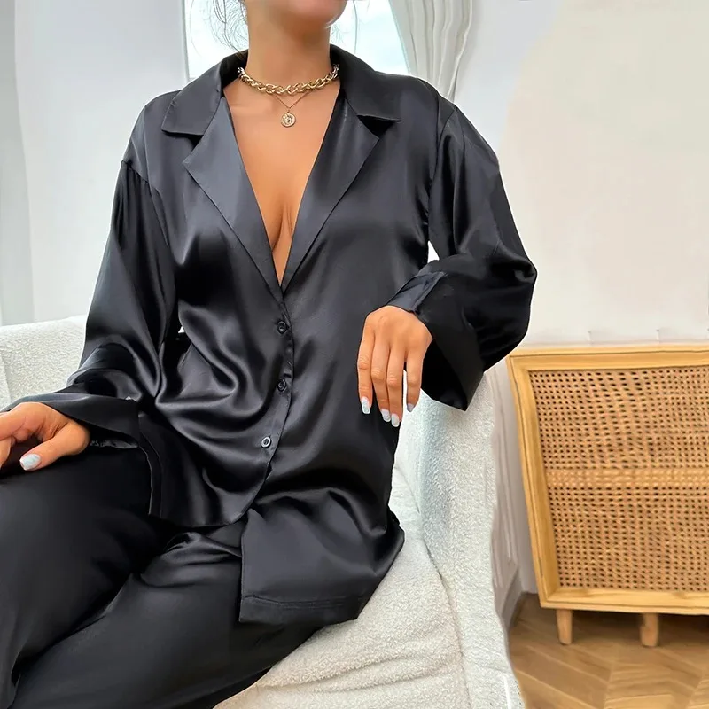 Women Satin Silk Pajamas Set Low Cut Single-breasted Long Sleeve Wide Leg Pants Oversized Sleepwear
Women Satin Silk Pajamas Set Low Cut Single-breasted Long Sleeve Wide Leg Pants Oversized Sleepwear