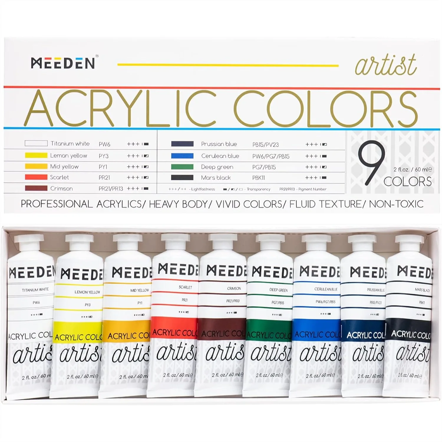 Heavy Body Acrylic Paint Set 9 Colors 60ml Tubes for Canvas Painting
Heavy Body Acrylic Paint Set 9 Colors 60ml Tubes for Canvas Painting