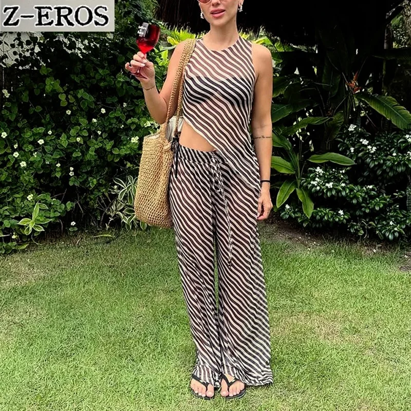 Z-EROS Women Mesh Striped Vest Pants Suit Summer Sexy Transparent Clothing Y2K Sleeveless Slim Irregular Top Loose Pants Set
Z-EROS Women Mesh Striped Vest Pants Suit Summer Sexy Transparent Clothing Y2K Sleeveless Slim Irregular Top Loose Pants Set