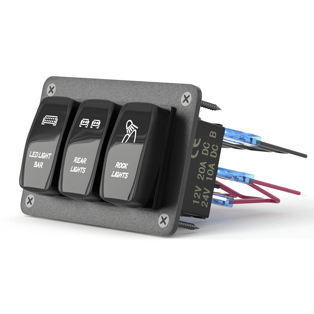 12V 3 Gang On OFF 5 Pins Marine LED Rocker Switch Panel With Lock Red Neon For Boat RV