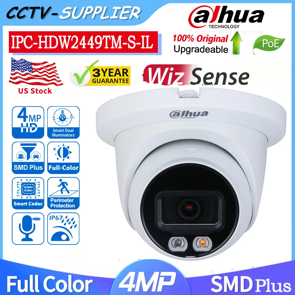 Dahua Full-Color 4MP IPC-HDW2449TM-S-IL Turret WizSense POE SMD Plus IP Camera IR MIC SD Slot IVS Smart Dual Light
Dahua Full-Color 4MP IPC-HDW2449TM-S-IL Turret WizSense POE SMD Plus IP Camera IR MIC SD Slot IVS Smart Dual Light