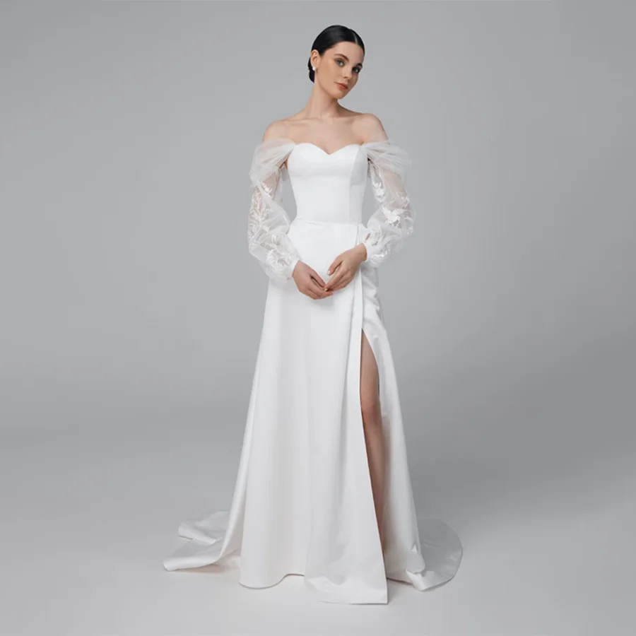 Customized Sweetheart Satin Wedding Dresses 3/4 Sleeve Lace Appliques Front Split Corset Designs Bridal Gowns
Customized Sweetheart Satin Wedding Dresses 3/4 Sleeve Lace Appliques Front Split Corset Designs Bridal Gowns