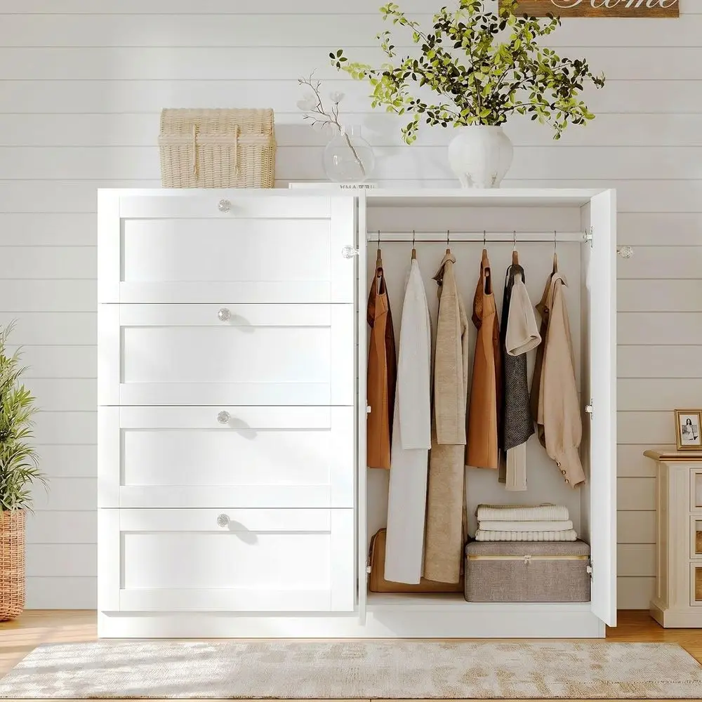 4-Door 2-Drawer White Armoire Wardrobe with Hanging Rod for Bedroom and Baby Closet, 43H Clothing Storage Cabinet
4-Door 2-Drawer White Armoire Wardrobe with Hanging Rod for Bedroom and Baby Closet, 43H Clothing Storage Cabinet