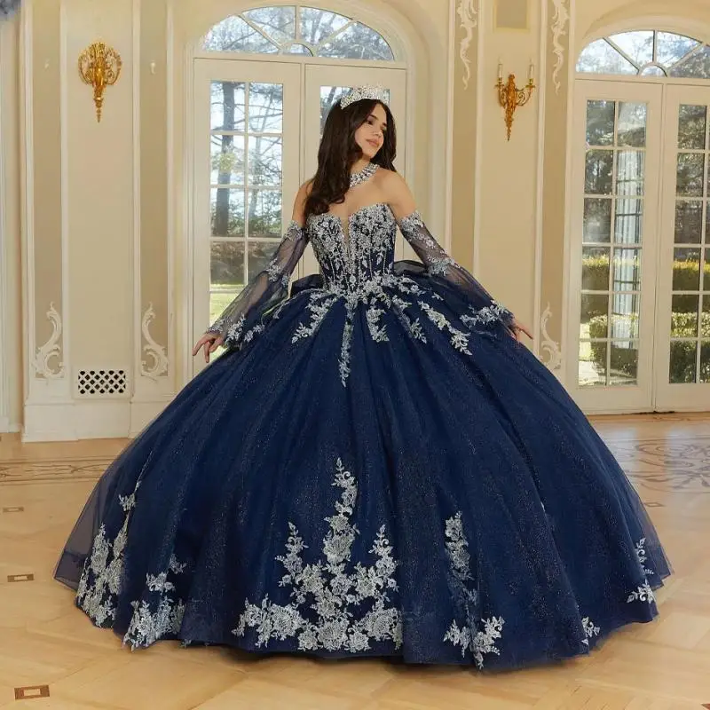 Customized Dark Blue Quinceanera Dresses with Appliques Flare Sleeves Strapless Royal Train Robe Princesse Bleu Femme
Customized Dark Blue Quinceanera Dresses with Appliques Flare Sleeves Strapless Royal Train Robe Princesse Bleu Femme