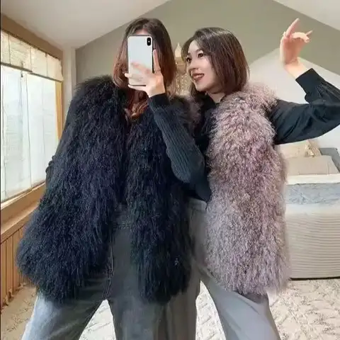 New brand Real Sheep Fur Vest 100% Natural Mongolia Fur Gilet Pure Long Fur Genuine Fur Oversize woman Vest