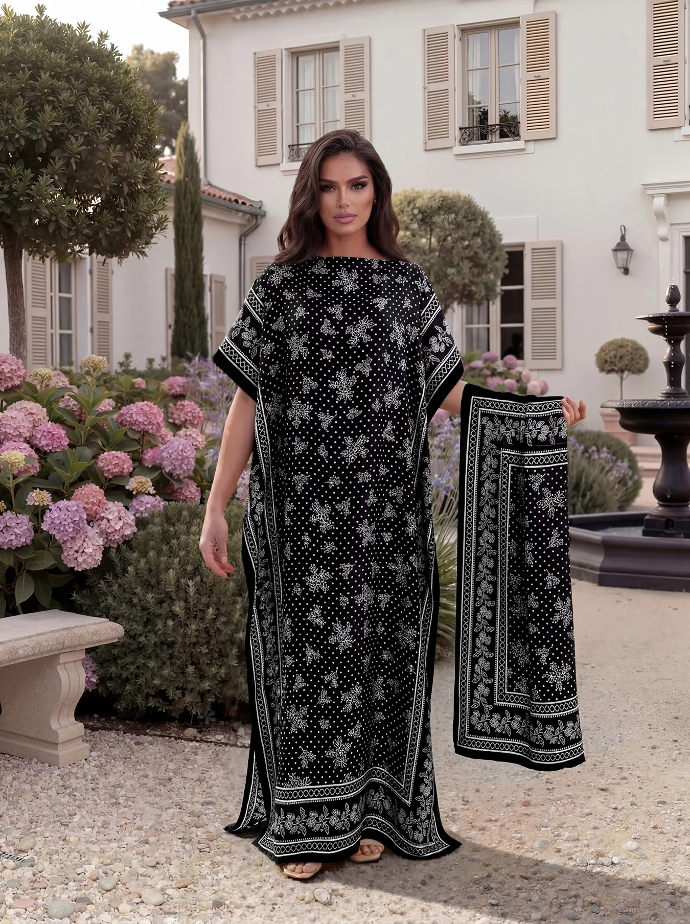 Boho Floral Polka Dot Print Satin Abaya Scarf Set, Loose Batwing Maxi Kaftan For Muslim Women Summer Beach Daily Holiday Wear
Boho Floral Polka Dot Print Satin Abaya Scarf Set, Loose Batwing Maxi Kaftan For Muslim Women Summer Beach Daily Holiday Wear