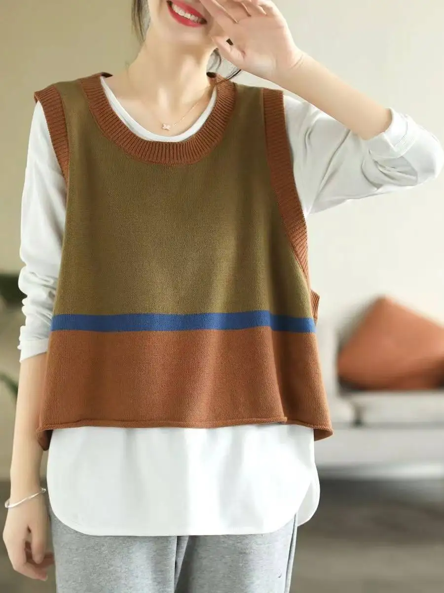 Spring and Autumn New Women's Knitted Vest Round Neck Spliced Color Vest
Spring and Autumn New Women's Knitted Vest Round Neck Spliced Color Vest