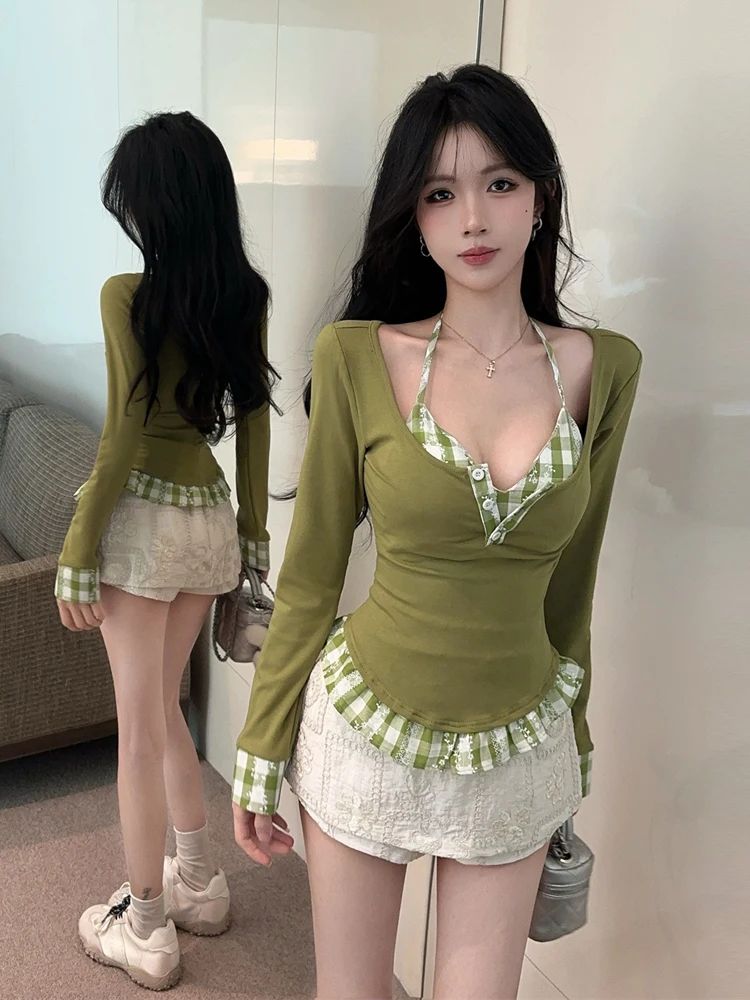 Sexy Pure Desire Checkered Long Sleeve T-Shirt Top with Half Skirt Set V-Neck Hanging Neck Design Inner Wear for Young Women
Sexy Pure Desire Checkered Long Sleeve T-Shirt Top with Half Skirt Set V-Neck Hanging Neck Design Inner Wear for Young Women