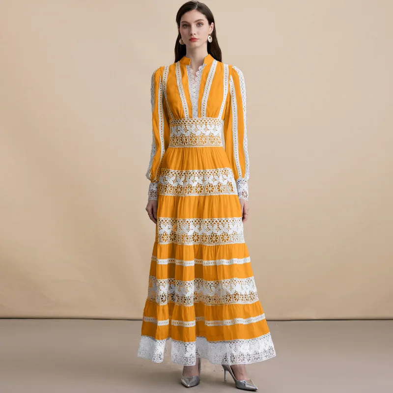 2026 French Lace Spliced Hollow Embroidery Party Maxi Dresses Women Summer V-neck Long-sleeve Dress Elegant Slim A-line Dresses
2026 French Lace Spliced Hollow Embroidery Party Maxi Dresses Women Summer V-neck Long-sleeve Dress Elegant Slim A-line Dresses