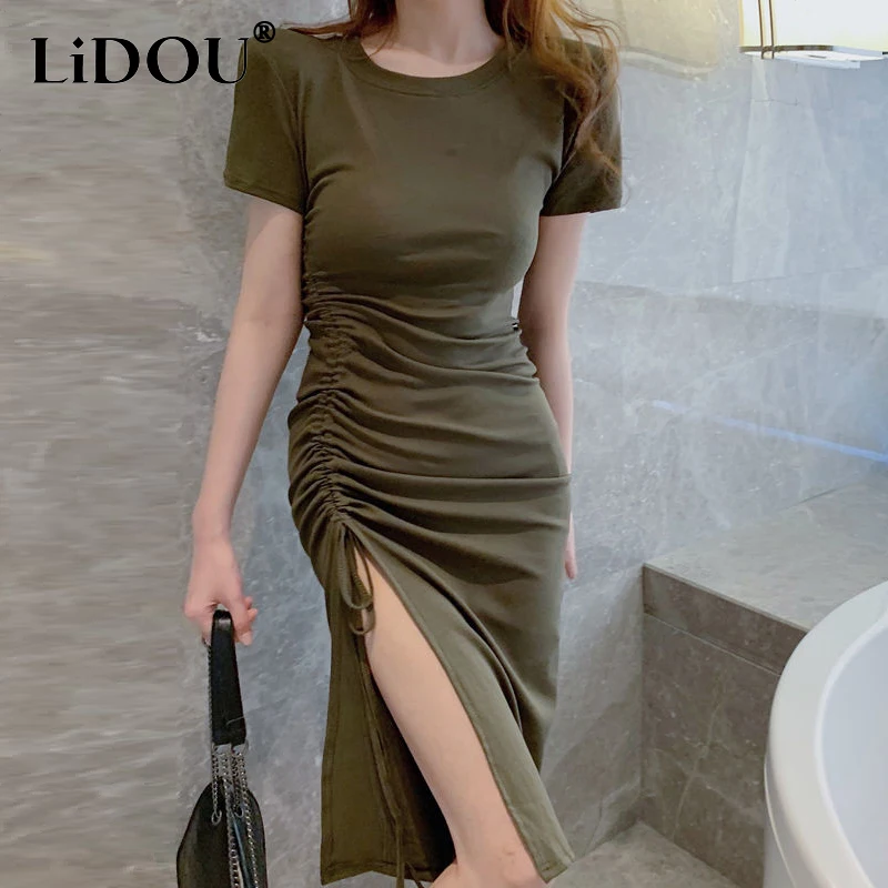 Summer Fashion Shirring Lace Up Bodycon Vestidos Ladies Short Sleeve Sexy Solid Color Slim Slit Robe Women's Elegant Waist Dress
Summer Fashion Shirring Lace Up Bodycon Vestidos Ladies Short Sleeve Sexy Solid Color Slim Slit Robe Women's Elegant Waist Dress