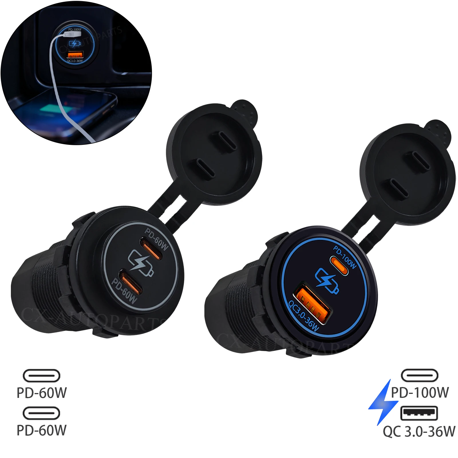 12V/24V Car USB Mounting Socket PD 100W 60W Dual Type-C & Type-A 36W Fast Charger Power Adapter for Toyota RV Boat Truck Camper
12V/24V Car USB Mounting Socket PD 100W 60W Dual Type-C & Type-A 36W Fast Charger Power Adapter for Toyota RV Boat Truck Camper