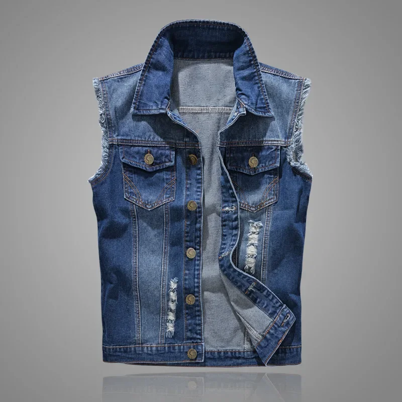 Spring Autumn New Fashion Men's Casual Trendy Hole Patched Dark Blue Jeans Jacket Sleeveless Vintage Denim Jacket Coat Male
Spring Autumn New Fashion Men's Casual Trendy Hole Patched Dark Blue Jeans Jacket Sleeveless Vintage Denim Jacket Coat Male