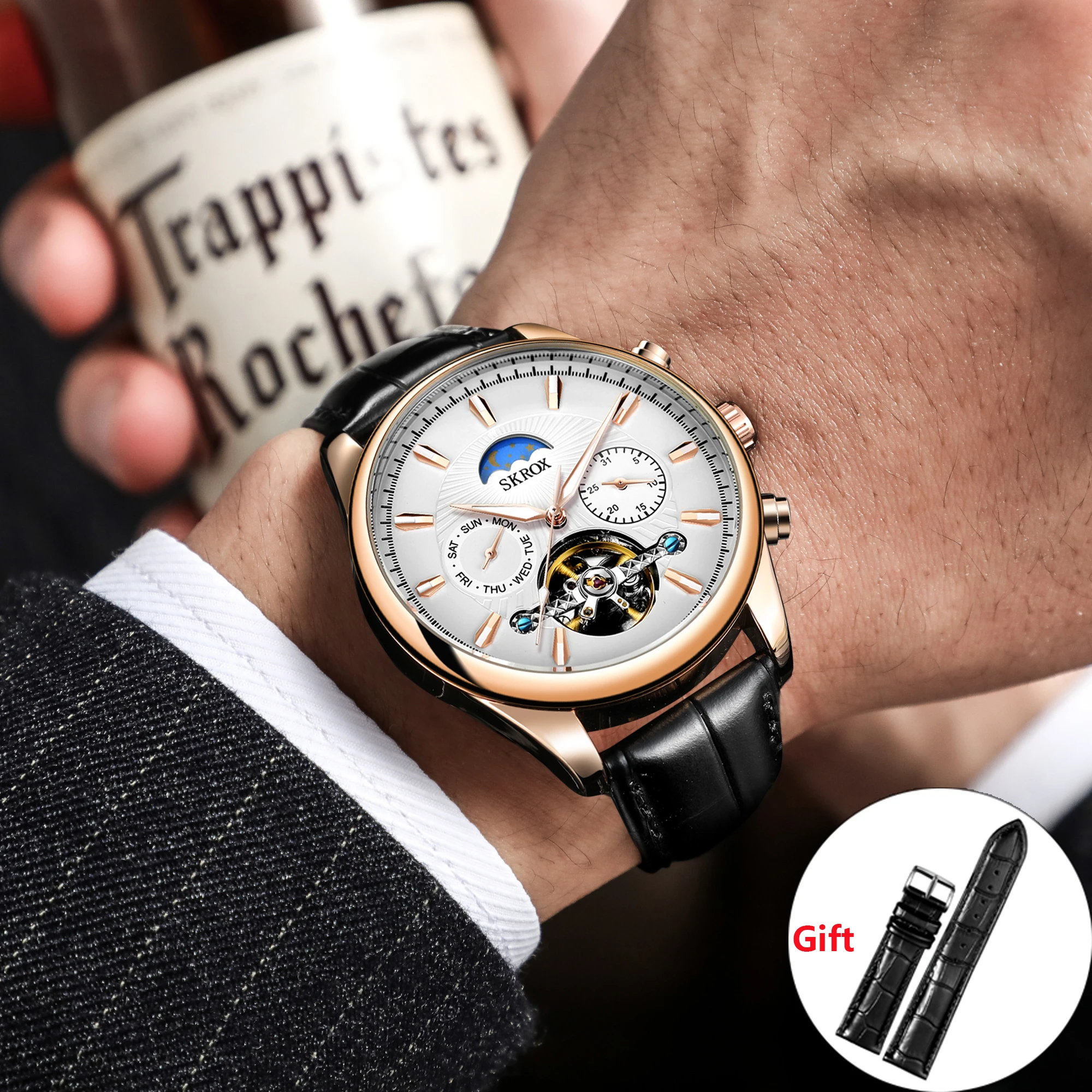 SKROX High Quality Business Men's Watches Luxury Moon Phase Tourbillon Automatic Movement Mechanical Clock Waterproof Leather
SKROX High Quality Business Men's Watches Luxury Moon Phase Tourbillon Automatic Movement Mechanical Clock Waterproof Leather