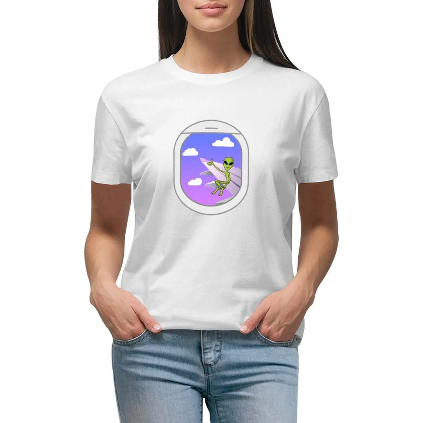 Alien sitting on airplane wing Funny UFO T-shirt hippie clothes Blouse summer clothes woman t shirt
Alien sitting on airplane wing Funny UFO T-shirt hippie clothes Blouse summer clothes woman t shirt