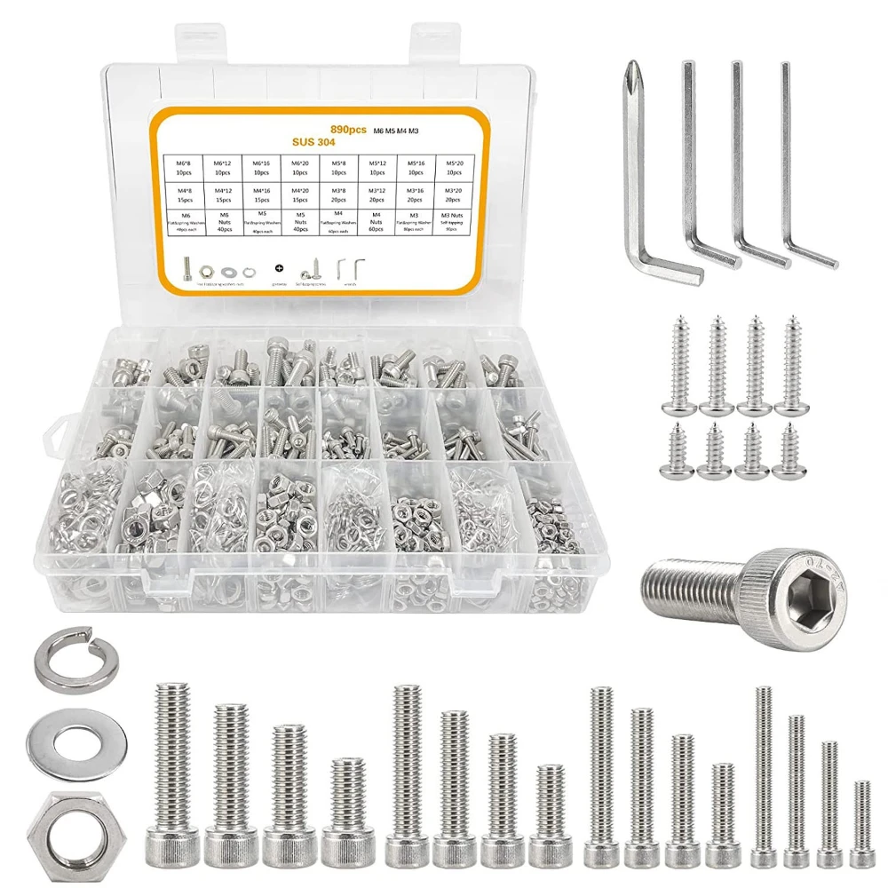 890pcs Cup Head Hexagon Socket Screws M3 M4 M5 M6 Cylindrical Head Socket Screws Stainless Steel Nuts Washer Assortment Kit
890pcs Cup Head Hexagon Socket Screws M3 M4 M5 M6 Cylindrical Head Socket Screws Stainless Steel Nuts Washer Assortment Kit