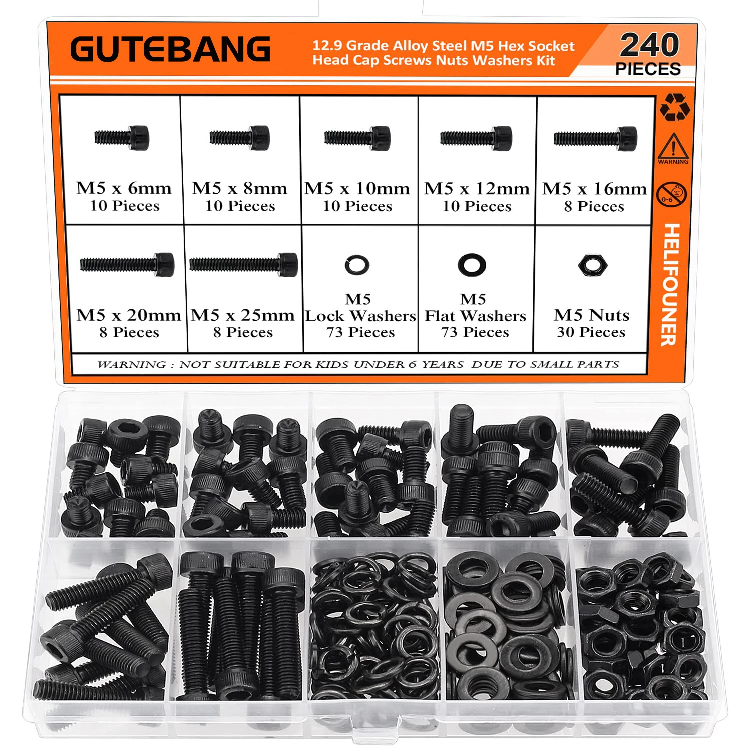 240 pieces of M5 x 6/8/10/12/16/20/25 mm hexagon internal hexagon screws, nuts, washers and locknuts, 12.9 grade alloy steel
240 pieces of M5 x 6/8/10/12/16/20/25 mm hexagon internal hexagon screws, nuts, washers and locknuts, 12.9 grade alloy steel