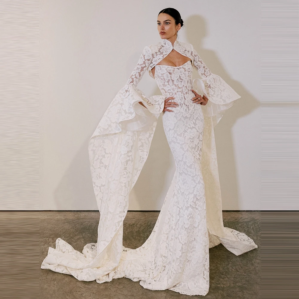 Luxury Lace Mermaid Wedding Dress Modern Lace Appliques Floral Bridal Prom Gown Extreme Bell Sleeve High Neck Evening Gown
Luxury Lace Mermaid Wedding Dress Modern Lace Appliques Floral Bridal Prom Gown Extreme Bell Sleeve High Neck Evening Gown