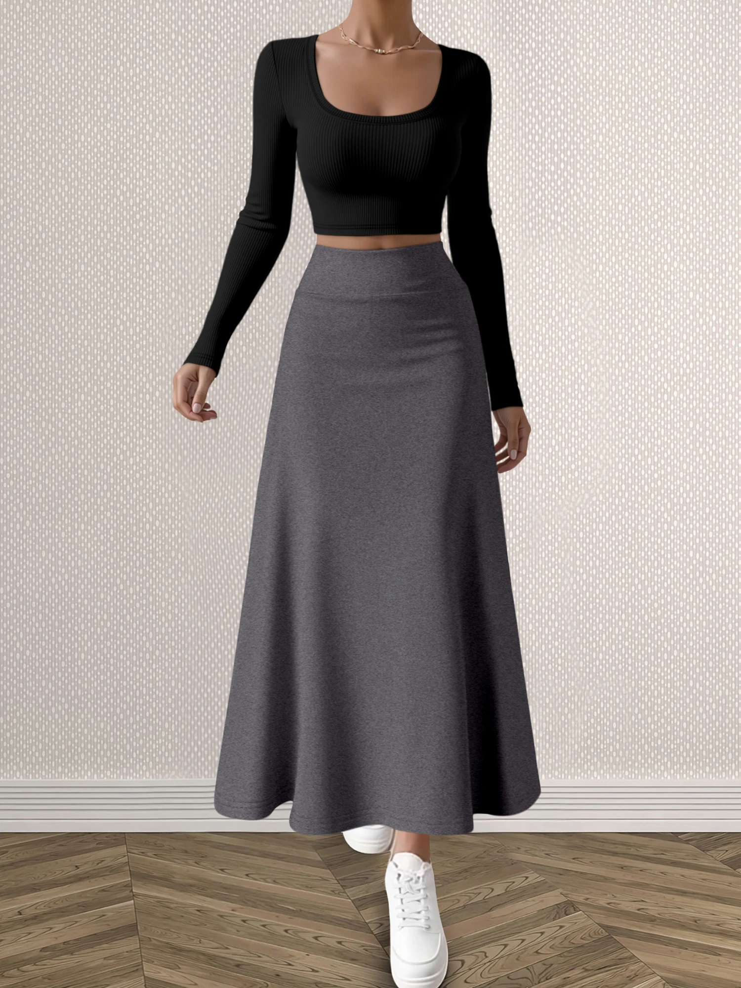 Solid Color Women Co-ord Set U-Neck Ribbed Crop Top & Flared Maxi Skirt, Stretchy Fabric Casual Matching Outfit
Solid Color Women Co-ord Set U-Neck Ribbed Crop Top & Flared Maxi Skirt, Stretchy Fabric Casual Matching Outfit