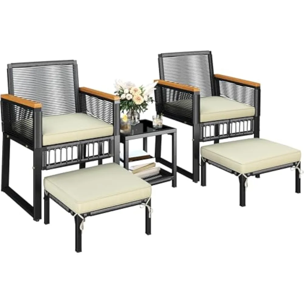 5-Piece Outdoor Conversation Set, Wicker Rattan Patio Furniture Set w/Rattan Armchairs, 2-Layer Side Table, Ottomans, Acacia Wo
5-Piece Outdoor Conversation Set, Wicker Rattan Patio Furniture Set w/Rattan Armchairs, 2-Layer Side Table, Ottomans, Acacia Wo