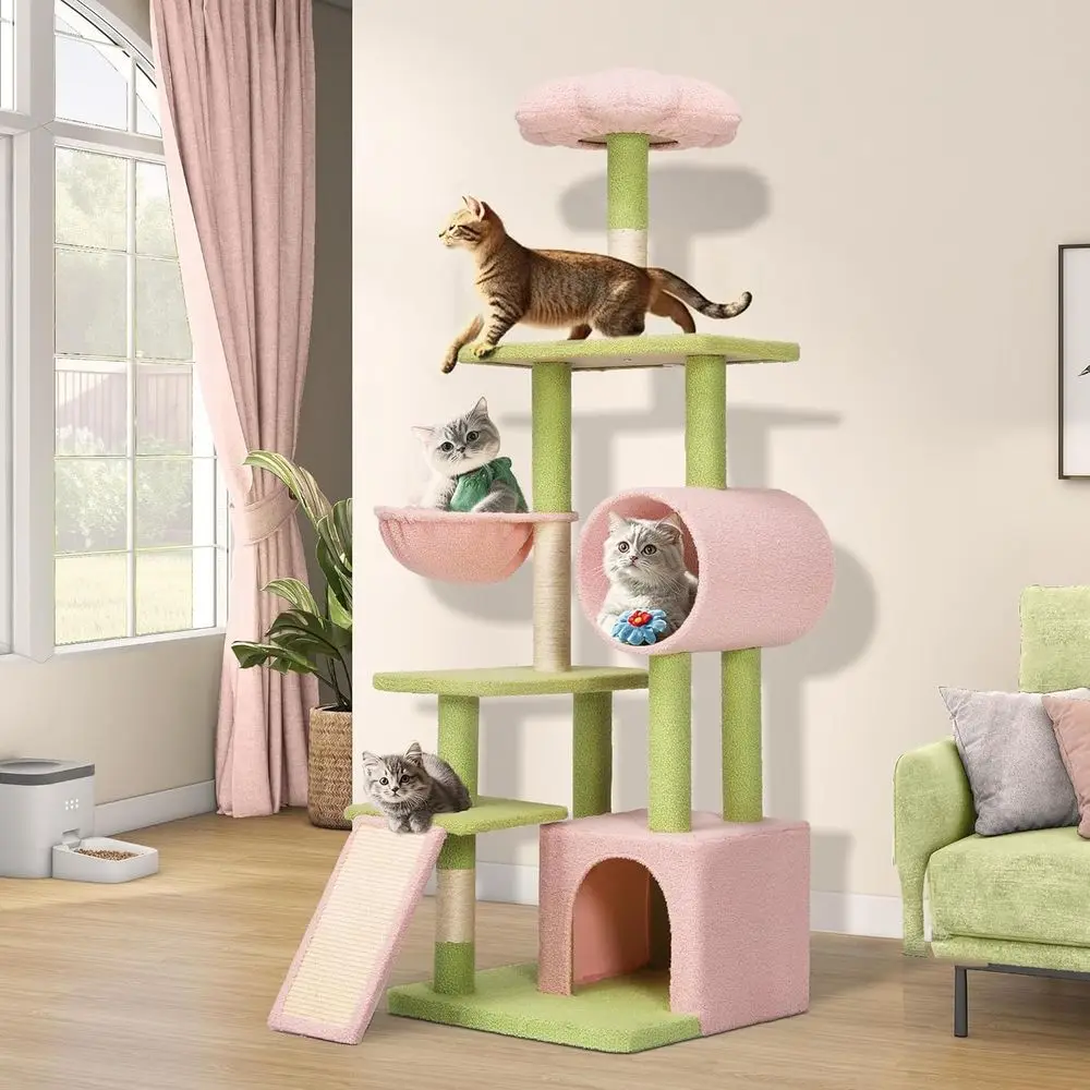 65in High Cat Tree Tower with Detachable Perch, Indoor Climbing Center, Condo, Basket, Tunnel, Scratching Posts, Pink & Green
65in High Cat Tree Tower with Detachable Perch, Indoor Climbing Center, Condo, Basket, Tunnel, Scratching Posts, Pink & Green