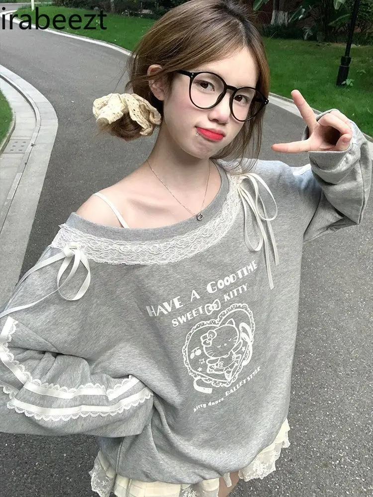 Fashion Angled Collar Bow Cartoon Print Sweatshirt Women's Off-shoulder Loose Lace Patchwork Top Gray Hoodies Women
Fashion Angled Collar Bow Cartoon Print Sweatshirt Women's Off-shoulder Loose Lace Patchwork Top Gray Hoodies Women