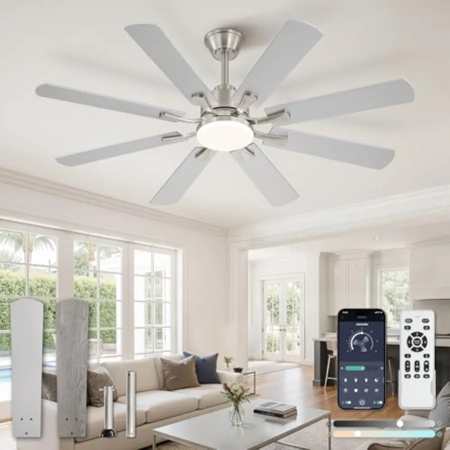 52 inch ceiling fan with light and remote for bedroom living room, brushed nickel finish, DC motor, 8 blades, 20W LED, 6 speeds
52 inch ceiling fan with light and remote for bedroom living room, brushed nickel finish, DC motor, 8 blades, 20W LED, 6 speeds