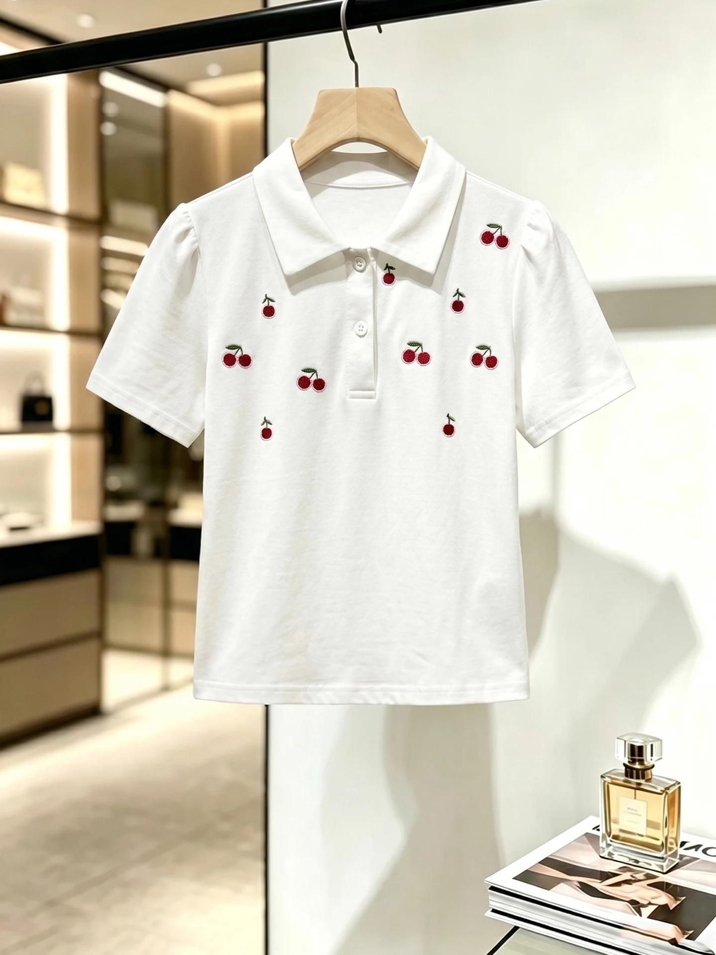 Cherry Print Turn-down Collar Short Sleeve T-shirt Skin-friendly Summer Casual Fashion Top Gentle Match All Cotton Shirt
Cherry Print Turn-down Collar Short Sleeve T-shirt Skin-friendly Summer Casual Fashion Top Gentle Match All Cotton Shirt