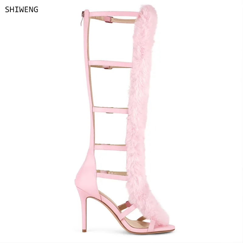 Women Pink Faux Fur Open Toe Stiletto Heel Gladiator Sandals Knee High Strappy High Heels with Back Zipper for Party Club Night
Women Pink Faux Fur Open Toe Stiletto Heel Gladiator Sandals Knee High Strappy High Heels with Back Zipper for Party Club Night