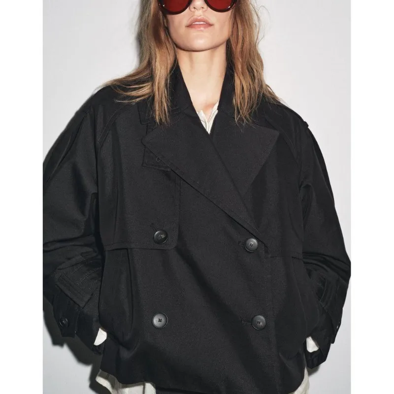 Cropped Double Breasted Trench Coat Notch Lapel Black Buttons Loose Fit Short Windbreaker Spring Casual Office Outerwear
Cropped Double Breasted Trench Coat Notch Lapel Black Buttons Loose Fit Short Windbreaker Spring Casual Office Outerwear