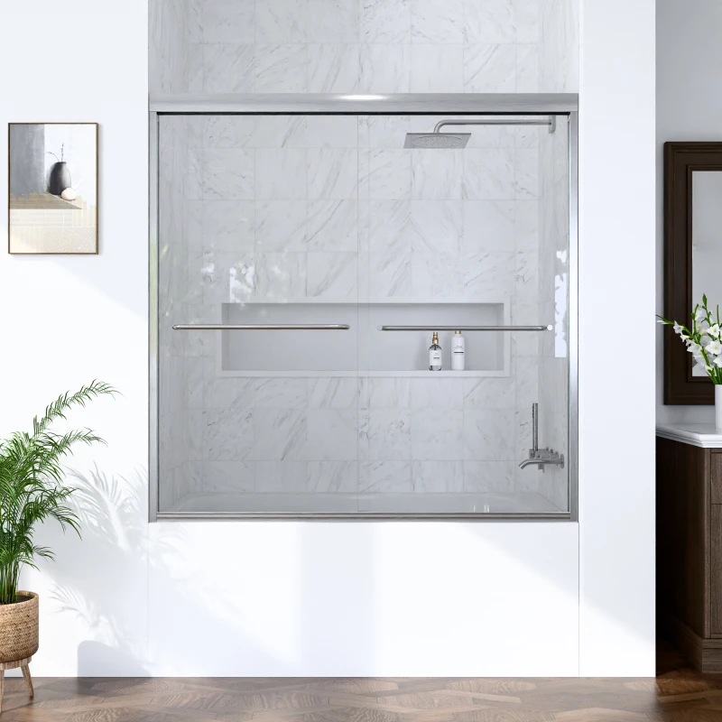 56"-60"W*60" H Semi-Frameless Double Sliding Shower Door, Bypass Shower Door, 1/4" (6mm) Thick SGCC Tempered Glass Door, Brus
56"-60"W*60" H Semi-Frameless Double Sliding Shower Door, Bypass Shower Door, 1/4" (6mm) Thick SGCC Tempered Glass Door, Brus