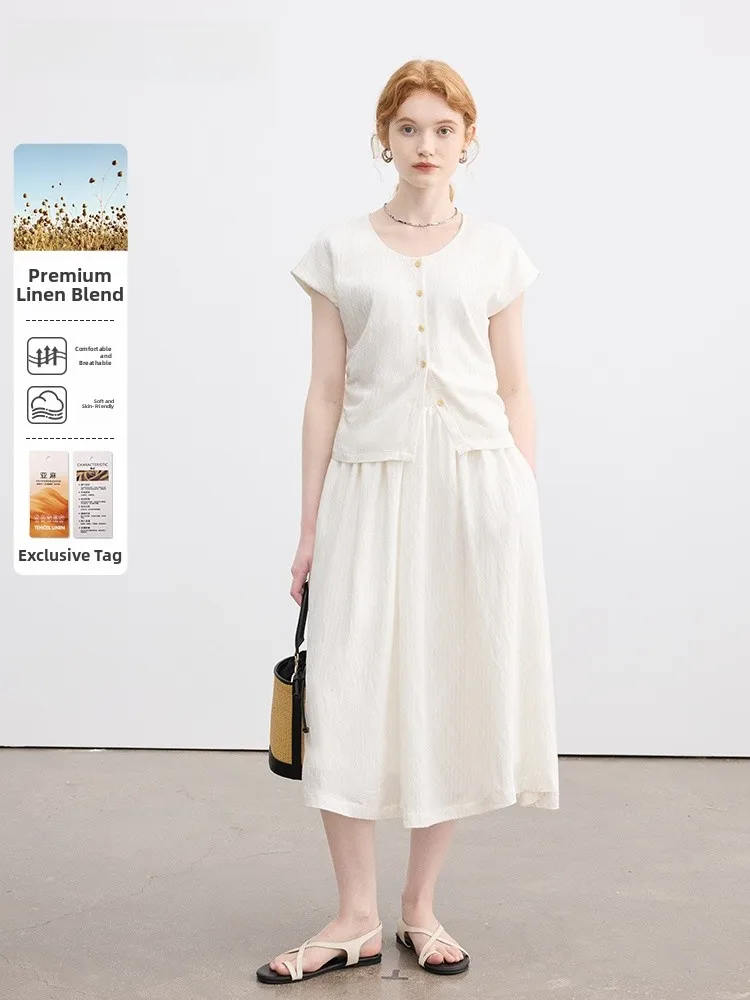 Women's Summer Fashion Set Dress High Waist Short Sleeve round Neck Two-Piece Suit Casual Style Viscose Nylon Linen Blend
Women's Summer Fashion Set Dress High Waist Short Sleeve round Neck Two-Piece Suit Casual Style Viscose Nylon Linen Blend