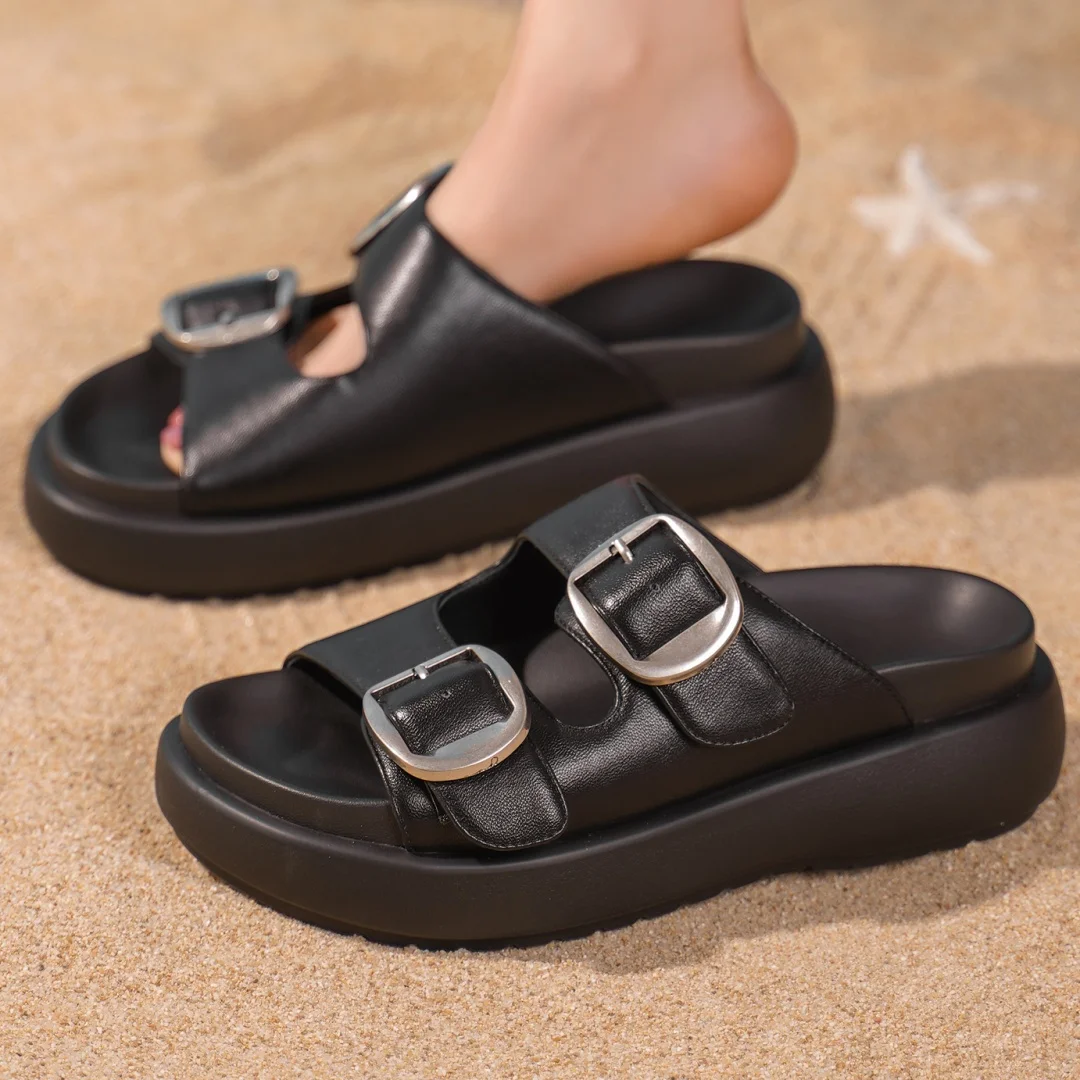 Women's genuine leather narrow band double metal buckle slip-on thick sole platform flats summer slides beach sandals punk shoes
Women's genuine leather narrow band double metal buckle slip-on thick sole platform flats summer slides beach sandals punk shoes