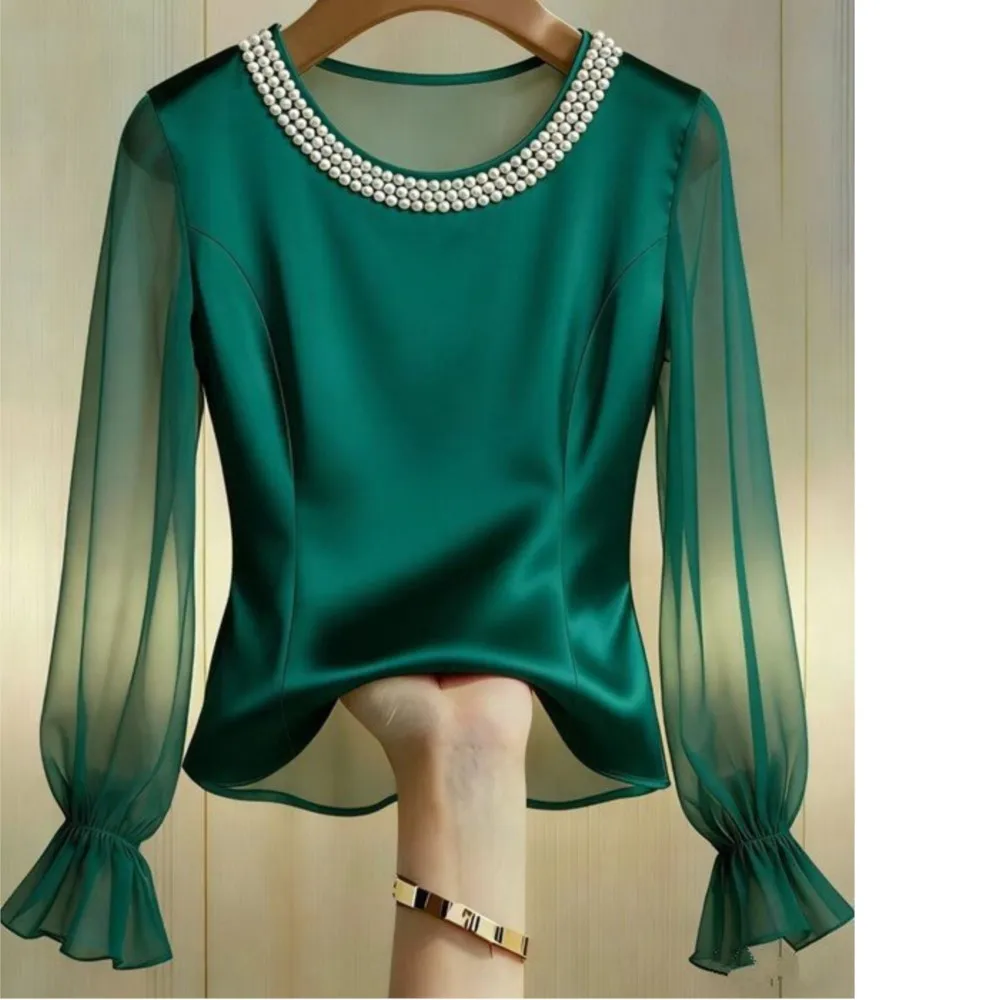 Women's Solid Satin Shirt Pearl Neck Transparent Mesh Long Sleeve Elegant Fashion Loose Casual Commuting Style Office Work Top
Women's Solid Satin Shirt Pearl Neck Transparent Mesh Long Sleeve Elegant Fashion Loose Casual Commuting Style Office Work Top