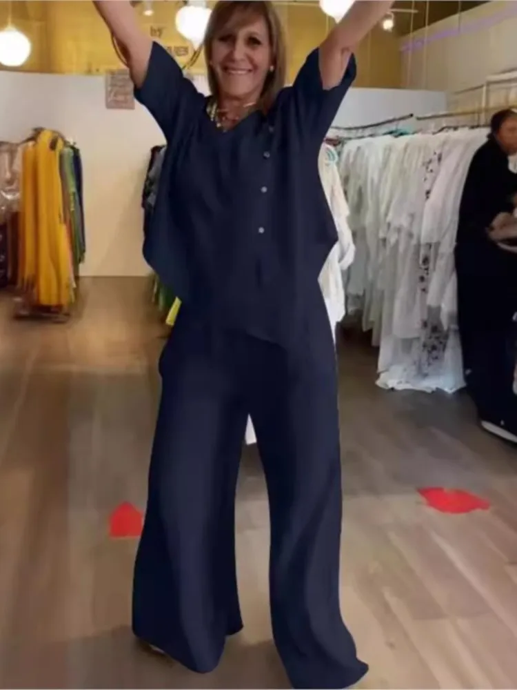 Loose Women Casual Cotton Linen 2 Piece Set Fashion Solid O Neck Half Sleeve Button Pullover Top Elastic Waist Wide Leg Pant Set
Loose Women Casual Cotton Linen 2 Piece Set Fashion Solid O Neck Half Sleeve Button Pullover Top Elastic Waist Wide Leg Pant Set