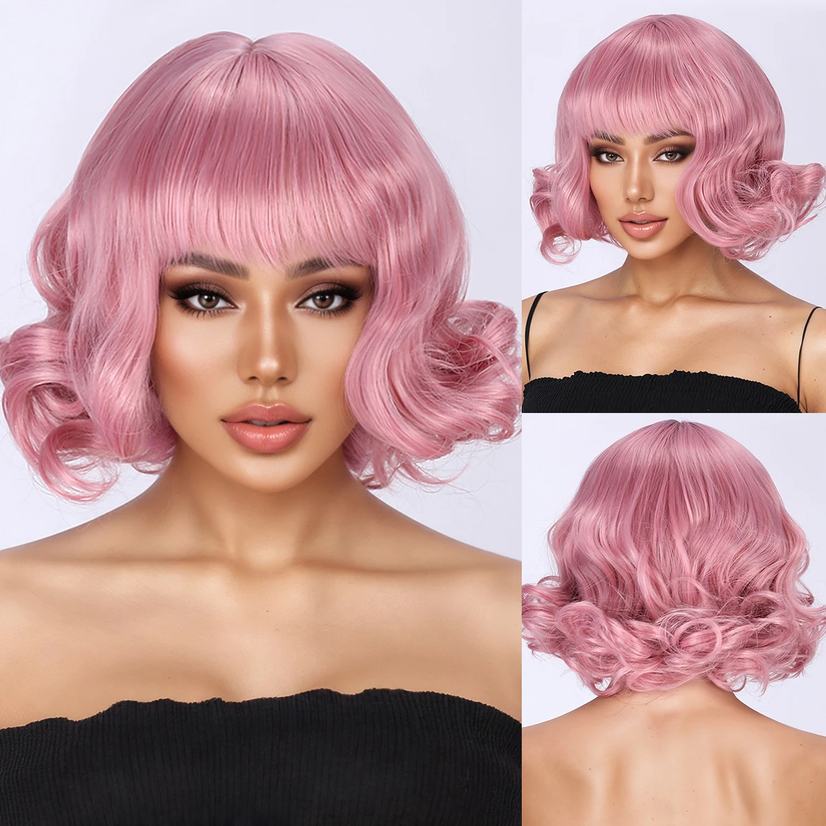 Fashionable pink short curly hair with bangs and short curly hair-Synthetic fiber wig
Fashionable pink short curly hair with bangs and short curly hair-Synthetic fiber wig