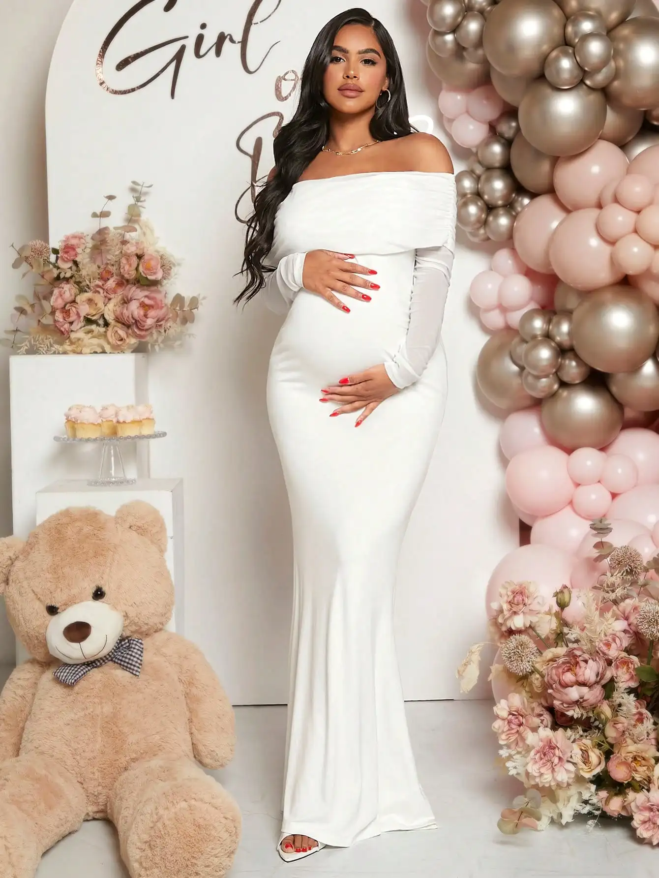 White Off-Shoulder Maternity Maxi Dress with Long Sleeves
White Off-Shoulder Maternity Maxi Dress with Long Sleeves