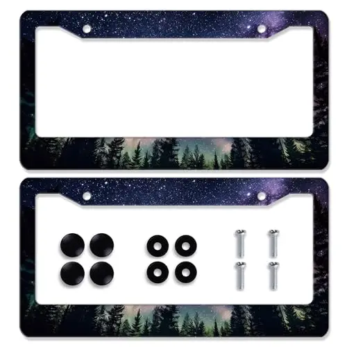 2pcs Stainless Steel License Plate Frames Featuring Cosmic Sky And Pine Forest Design With Included Screws And Caps
2pcs Stainless Steel License Plate Frames Featuring Cosmic Sky And Pine Forest Design With Included Screws And Caps